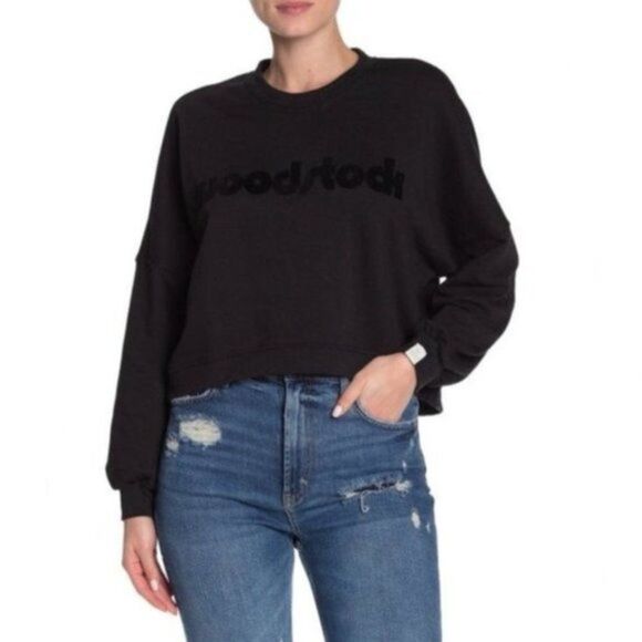 NEW Cotton On Black Woodstock Graphic Crewneck Sweatshirt Long Sleeve Womens XXS - Picture 2 of 8